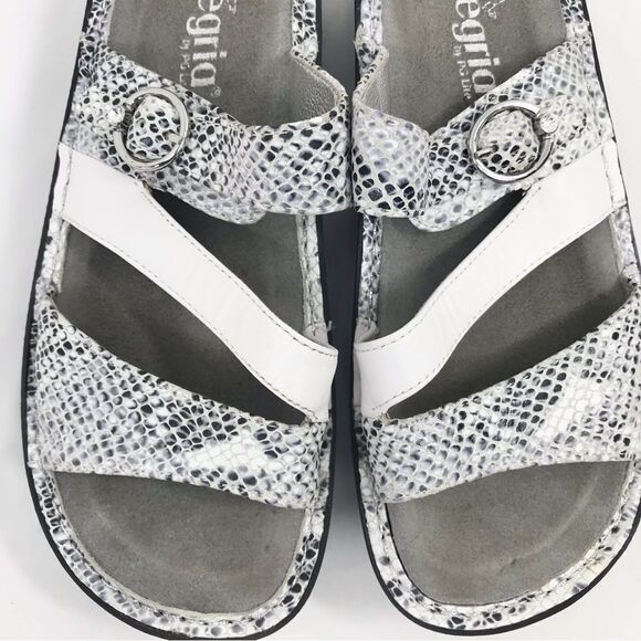 Alegria COLETTE White Metallic Silver Reptile Strappy Support Slide Sandals - Picture 8 of 16